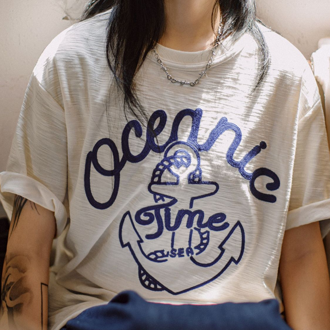 美式復古海軍刺繡T恤白色重磅竹節棉螺紋領口短袖女夏季上衣