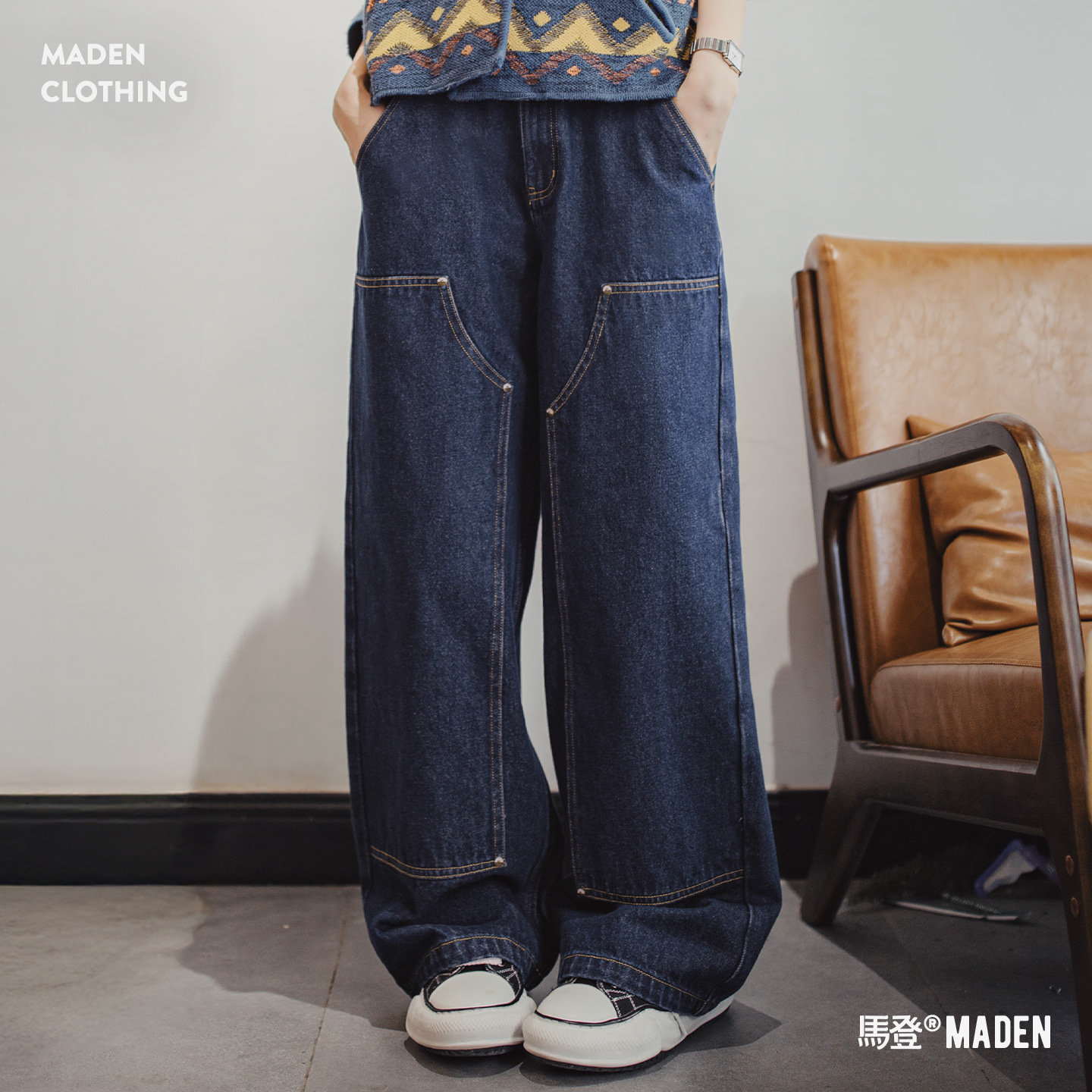 復古水洗丹寧藍原色微寬鬆拼接雙膝小直筒工裝牛仔褲子女士秋