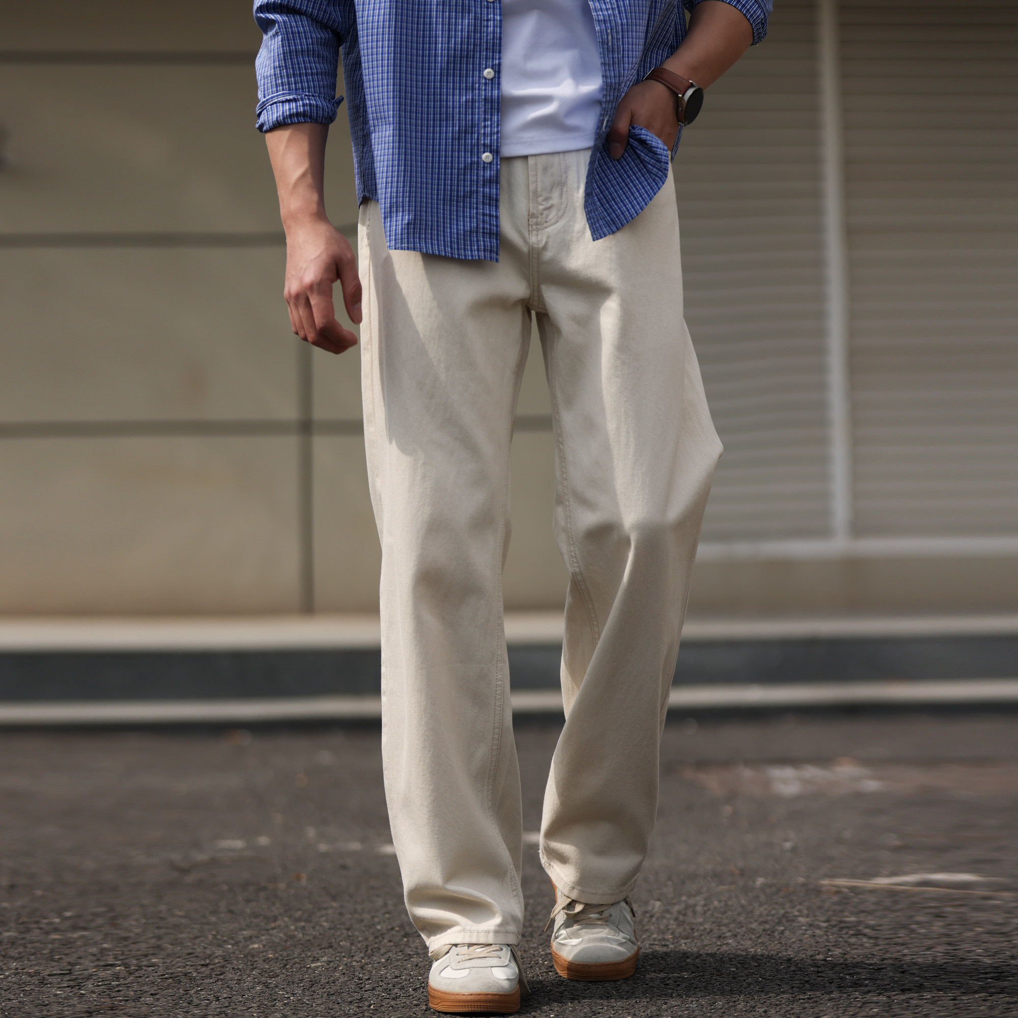 美式輕戶外棉籽殼原胚白色牛仔褲男寬鬆直筒休閒長褲春