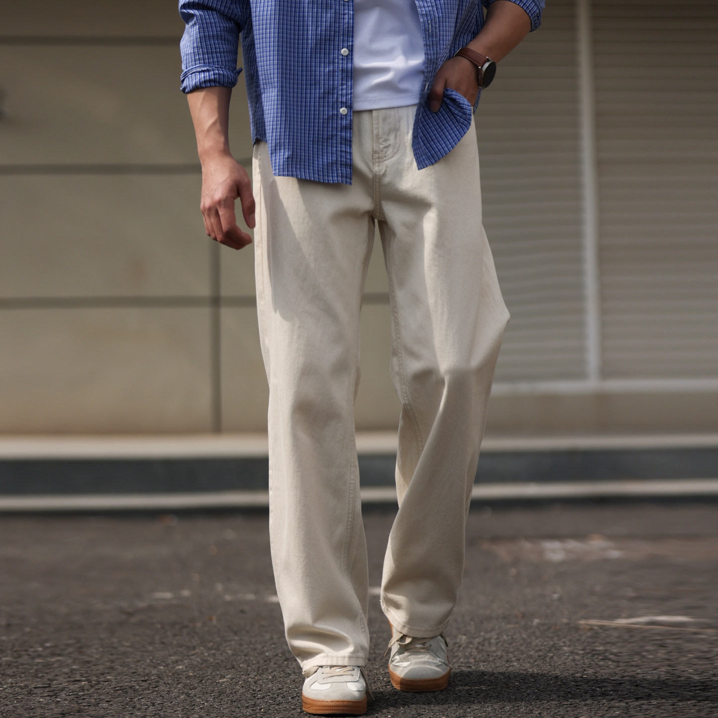 美式輕戶外棉籽殼原胚白色牛仔褲男寬鬆直筒休閒長褲春