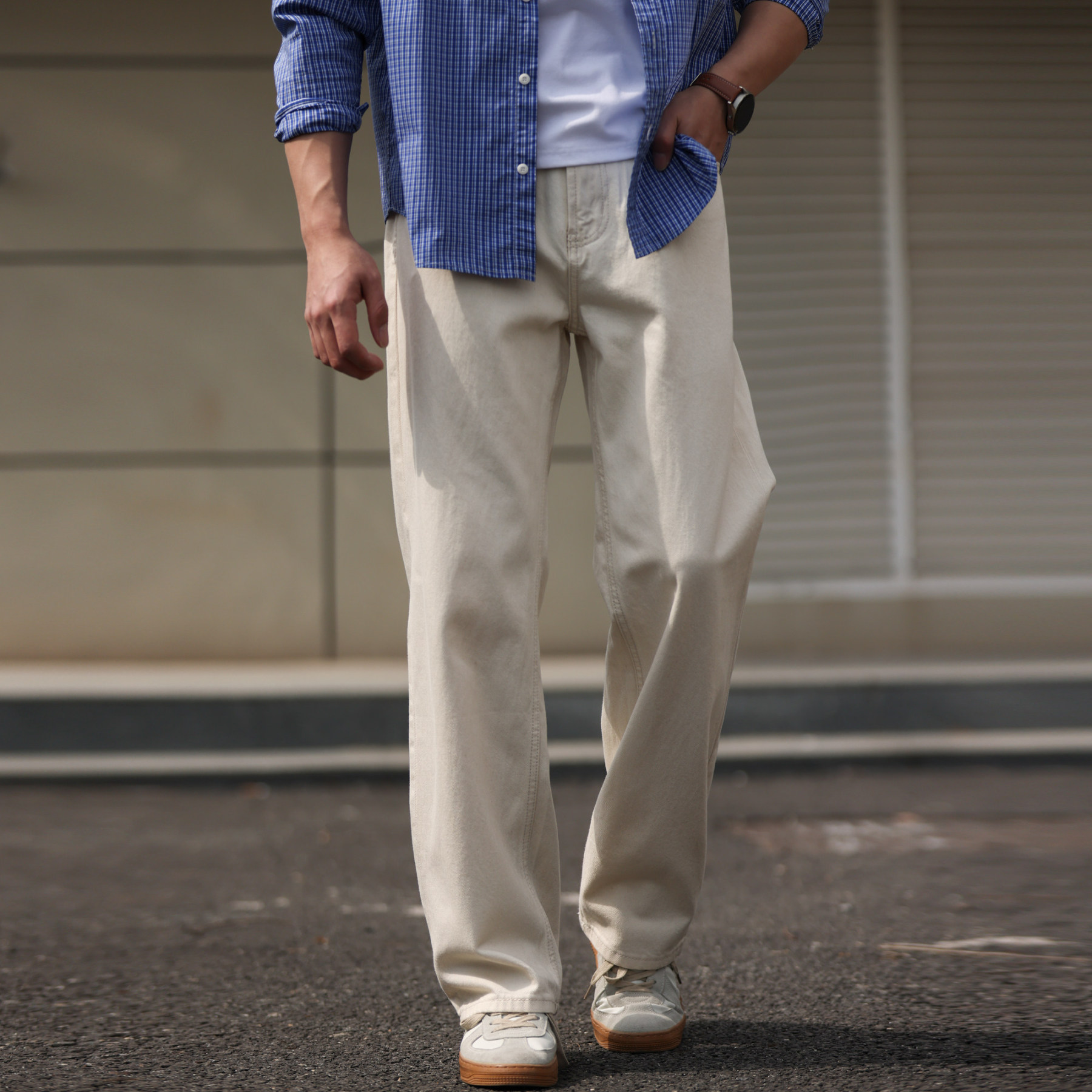 美式輕戶外棉籽殼原胚白色牛仔褲男寬鬆直筒休閒長褲春