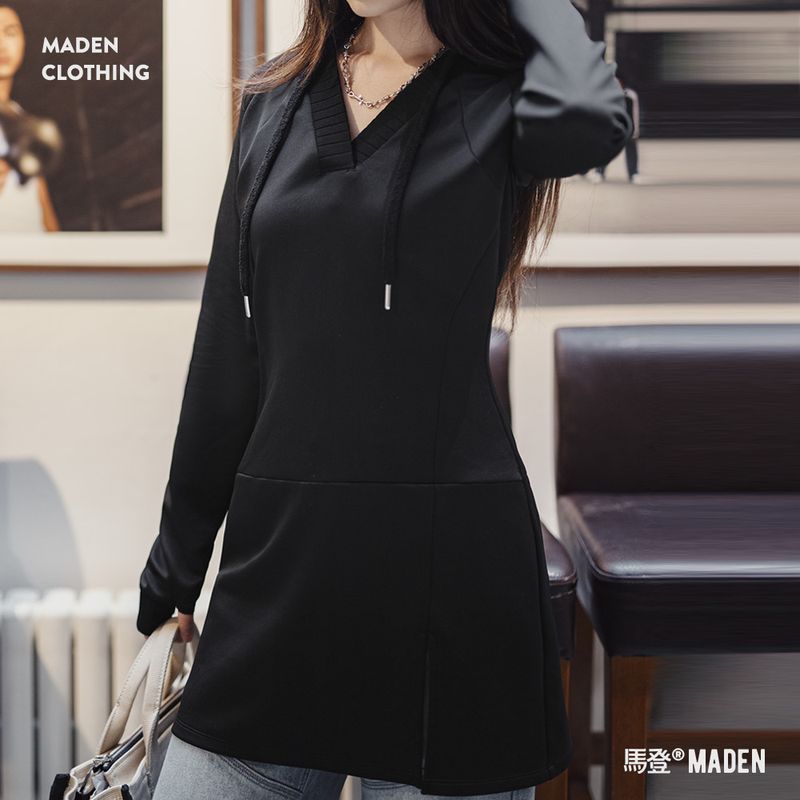 空氣層幂式包臀衛衣裙V領收腰純欲修身一步裙春連帽連衣裙女