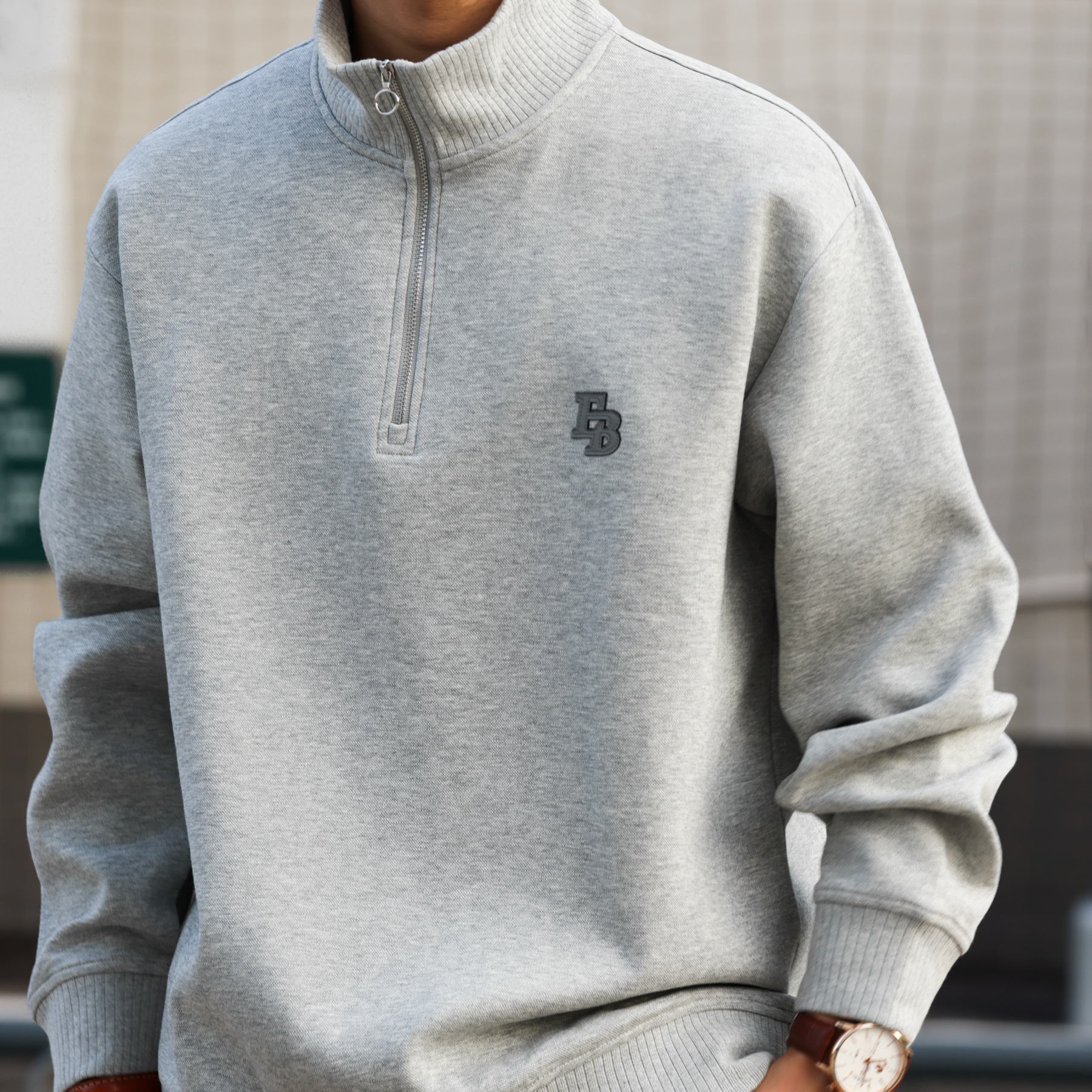 美式休閒貼皮繡立領衛衣男400g重磅半拉鍊運動套頭上衣