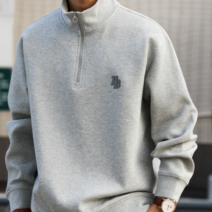 美式休閒貼皮繡立領衛衣男400g重磅半拉鍊運動套頭上衣