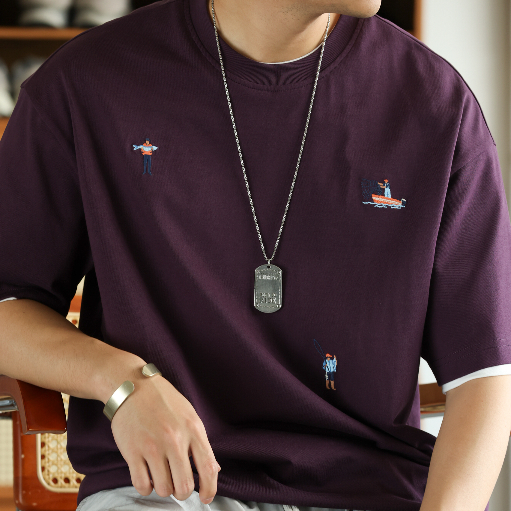 新疆長絨棉趣味小刺繡短袖T恤男260g凉感純棉圓領打底衫