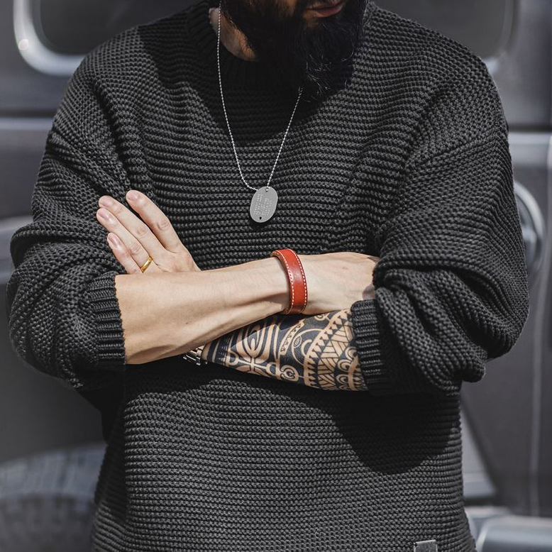 美式復古重磅肌理針織毛衣寬鬆落肩圓領套頭打底衫男秋冬-Retro's Wear