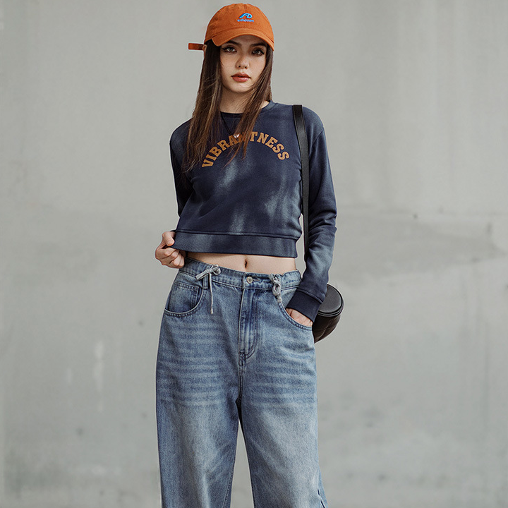 美式仿蠟染衛衣字母印花長袖T恤休閒百搭圓領套頭上衣春秋女-Retro's Wear