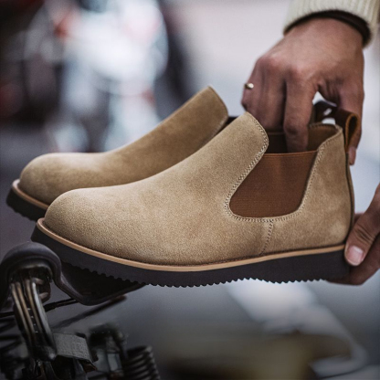 切爾西靴男冬季新款一脚蹬復古工裝靴百搭牛反絨圓頭休閒皮鞋-Retro's Wear