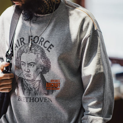 美式灰色卷邊全純棉衛衣寬鬆套頭印花刺繡長袖T恤男款春