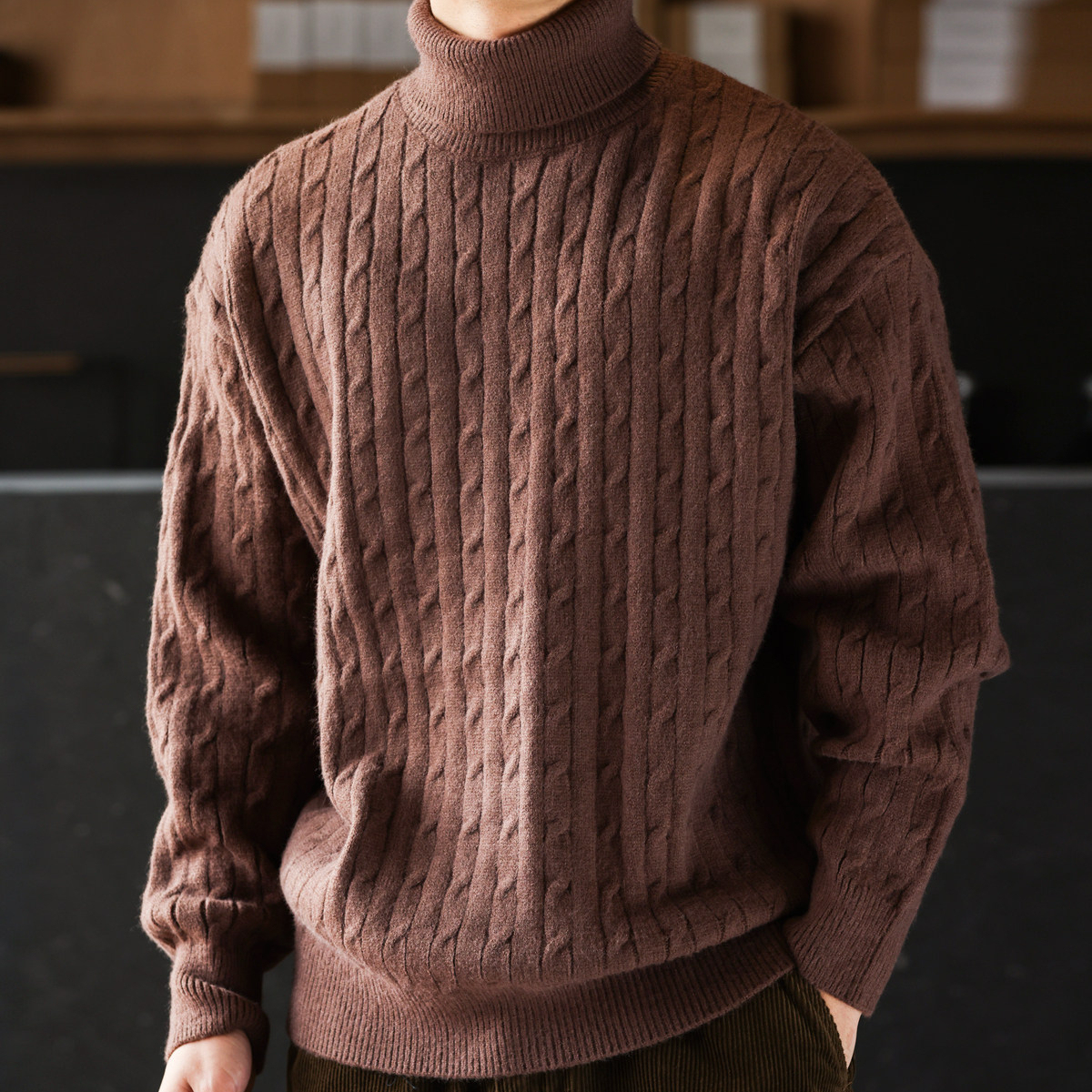 老錢風浮雕絞花高領毛衣粗針防風加厚保暖慵懶風針織衫