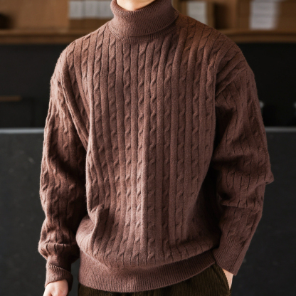 老錢風浮雕絞花高領毛衣粗針防風加厚保暖慵懶風針織衫