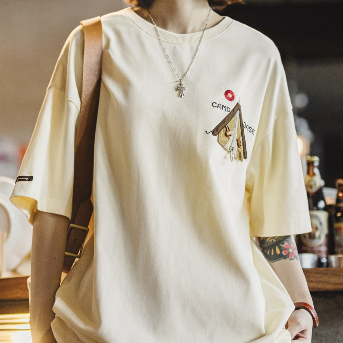 2025新純棉親膚短袖寬鬆落肩上衣吸濕純色T恤七分袖圓領衫女