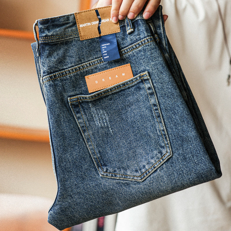 美式復古12.8盎司水洗藍牛仔褲男猫須磨破寬鬆直筒休閒長褲-Retro's Wear