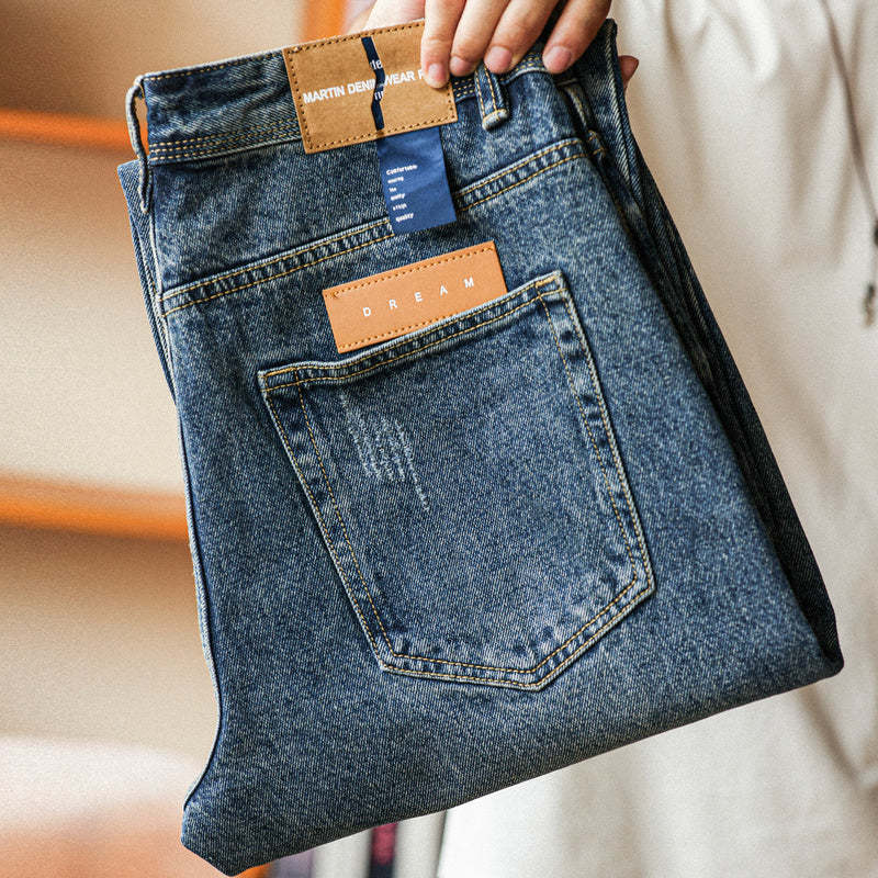 美式復古12.8盎司水洗藍牛仔褲男猫須磨破寬鬆直筒休閒長褲-Retro's Wear