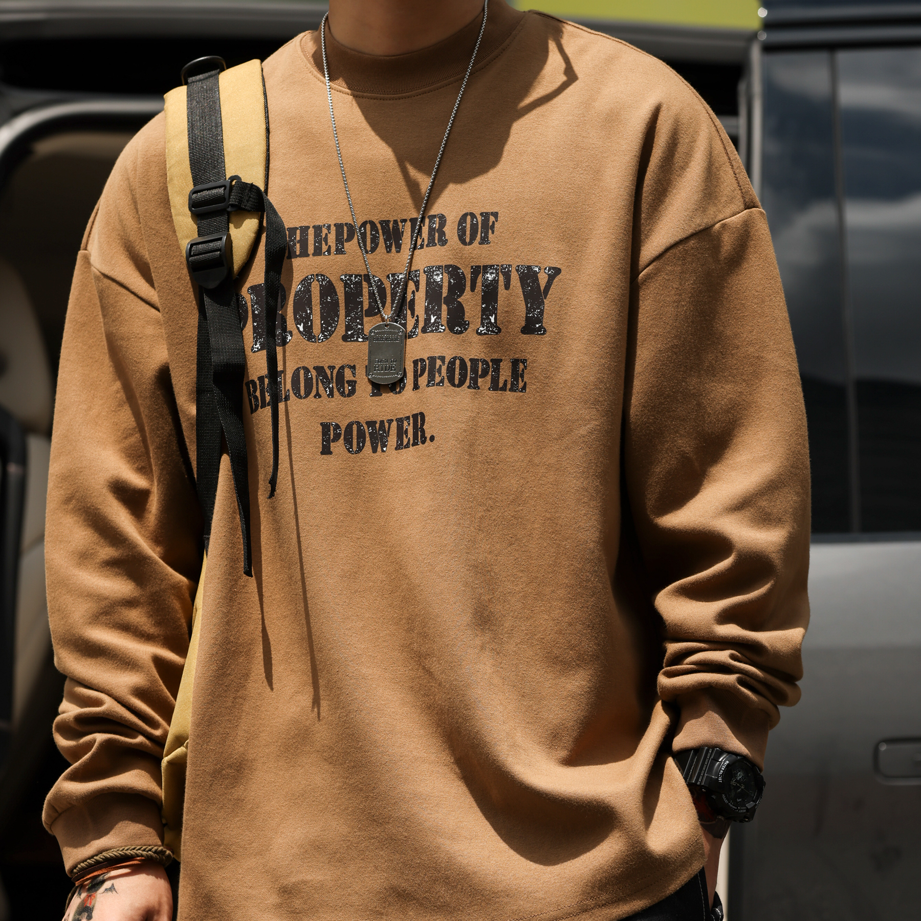 美式復古305g重磅做舊印花長袖T恤男小領口休閒打底衫