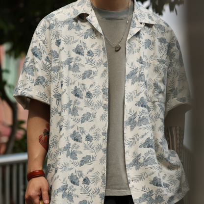 美式休閒古巴領亞麻短袖襯衫男夏季復古度假風半袖襯衣