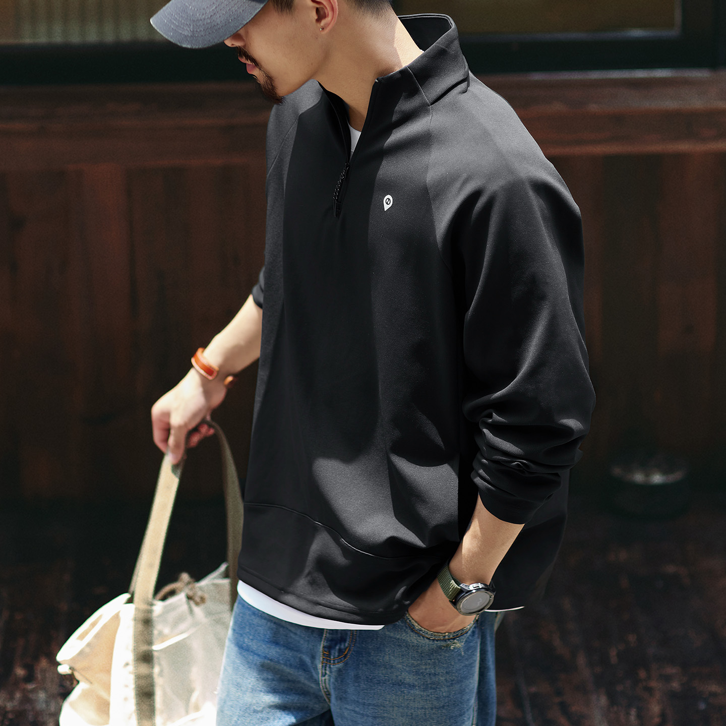 立領防風半拉鍊長袖衛衣男2025秋季新款寬鬆cityboy插肩外套