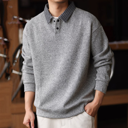 美式學院風340g花紗重磅POLO衫男士格紋拼接翻領衛衣秋