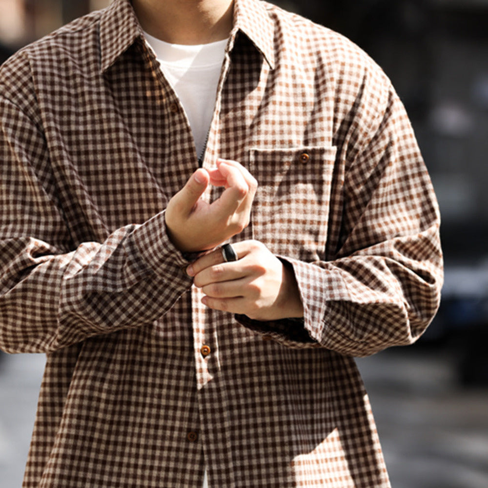 法式復古磨毛小格子長袖襯衫男寬鬆休閒口袋高級感襯衣外套-Retro's Wear