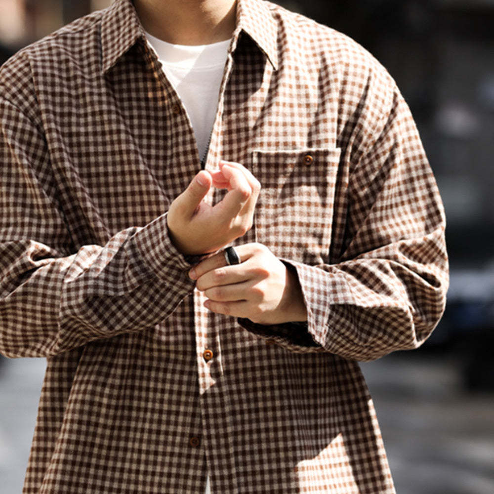 法式復古磨毛小格子長袖襯衫男寬鬆休閒口袋高級感襯衣外套-Retro's Wear
