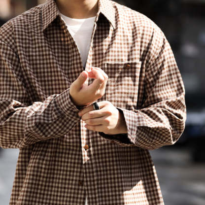 法式復古磨毛小格子長袖襯衫男寬鬆休閒口袋高級感襯衣外套-Retro's Wear