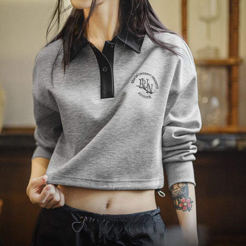 復古格雷系空氣層運動Polo領衛衣小心機顯腰健身長袖春季上衣