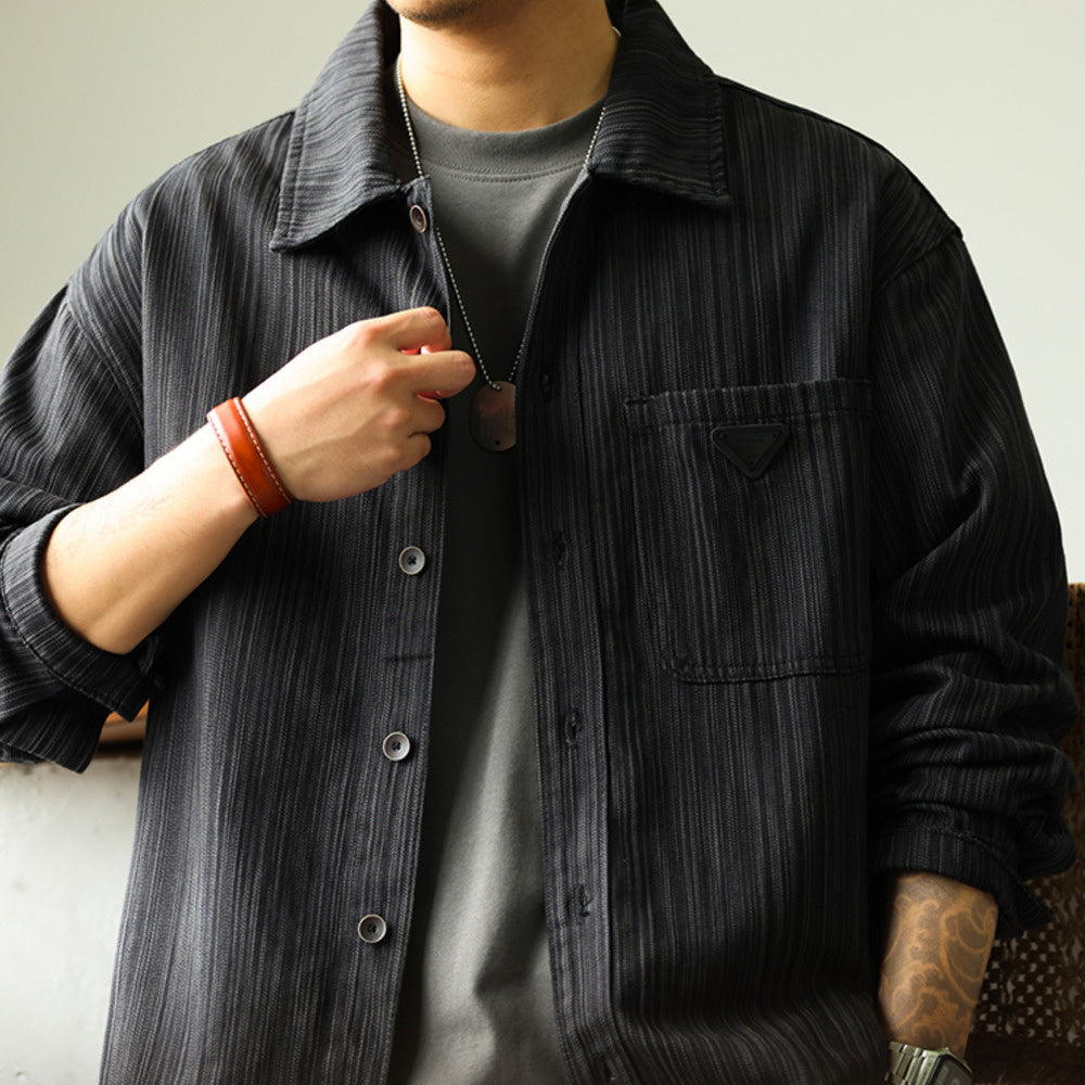 美式復古重磅竹節紋襯衫外套男高級感寬鬆休閒工裝長袖襯衣-Retro's Wear
