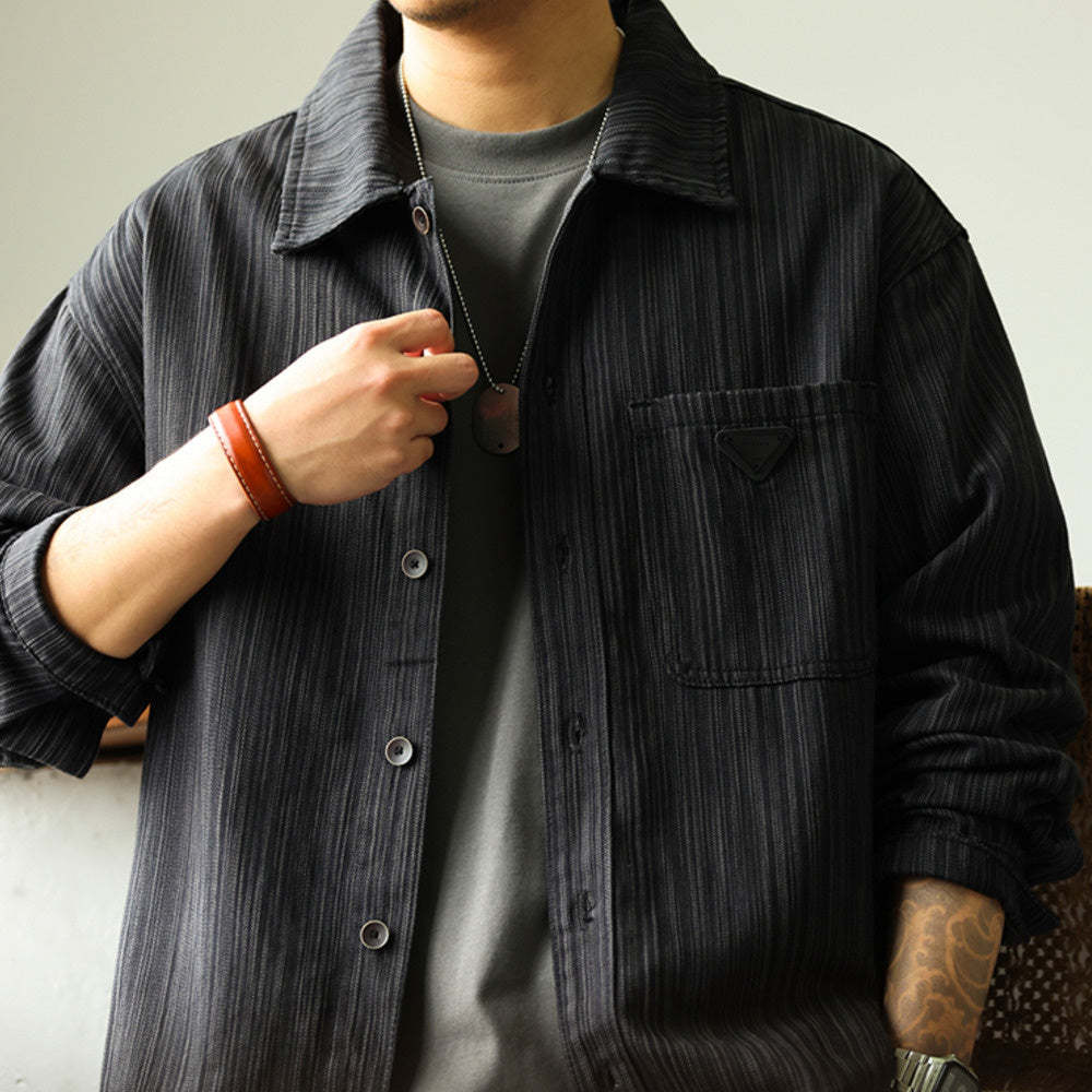 美式復古重磅竹節紋襯衫外套男高級感寬鬆休閒工裝長袖襯衣-Retro's Wear