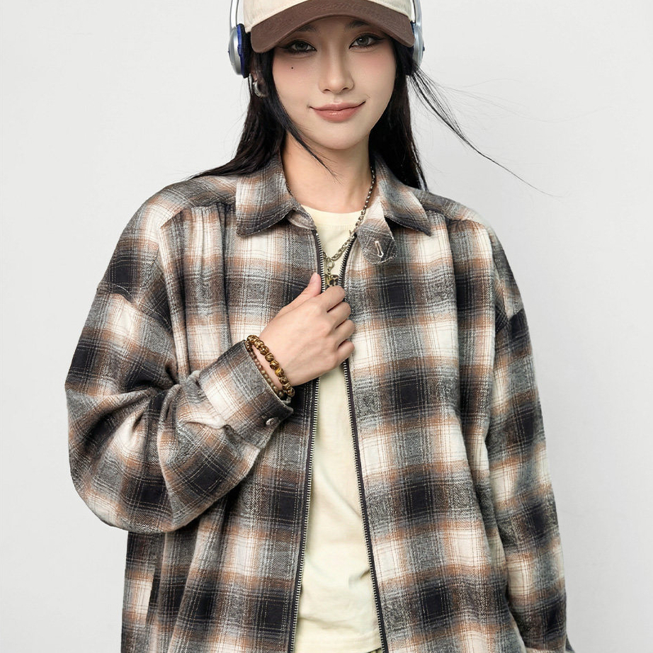 復古寬鬆翻領純棉磨毛格子紋長袖襯衫薄款夾克外套上衣女士春