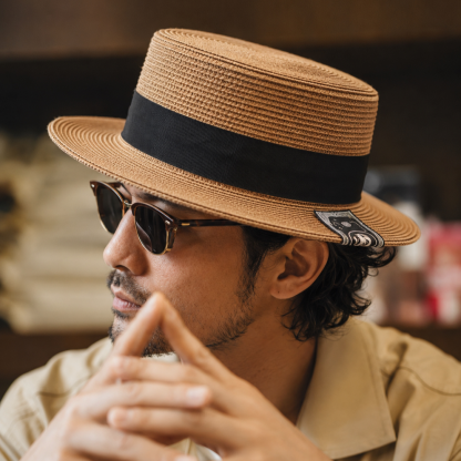 夏季新款老錢風草帽男士平頂防曬復古康康帽船夫帽巴拿馬帽