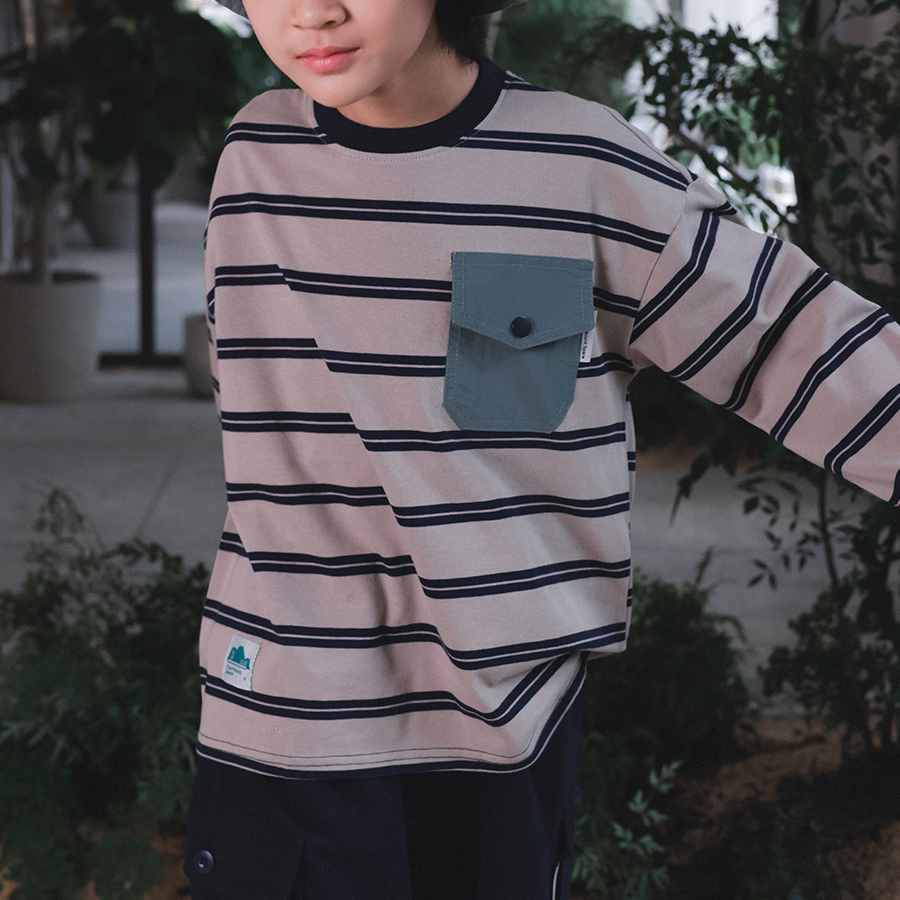 男童T恤2025秋季新款兒童撞色口袋長袖簡約條紋上衣男孩衣服