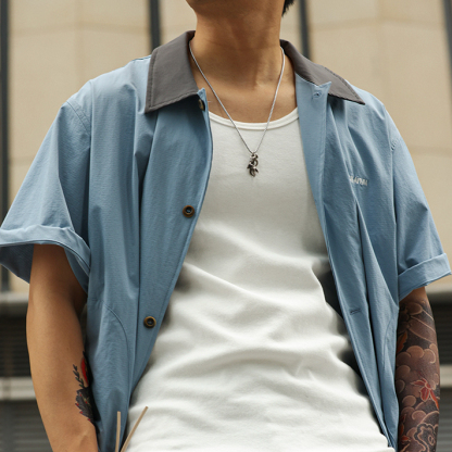 美式巴恩風涼感速幹短袖襯衣男薄款復古疊穿襯衫外套夏