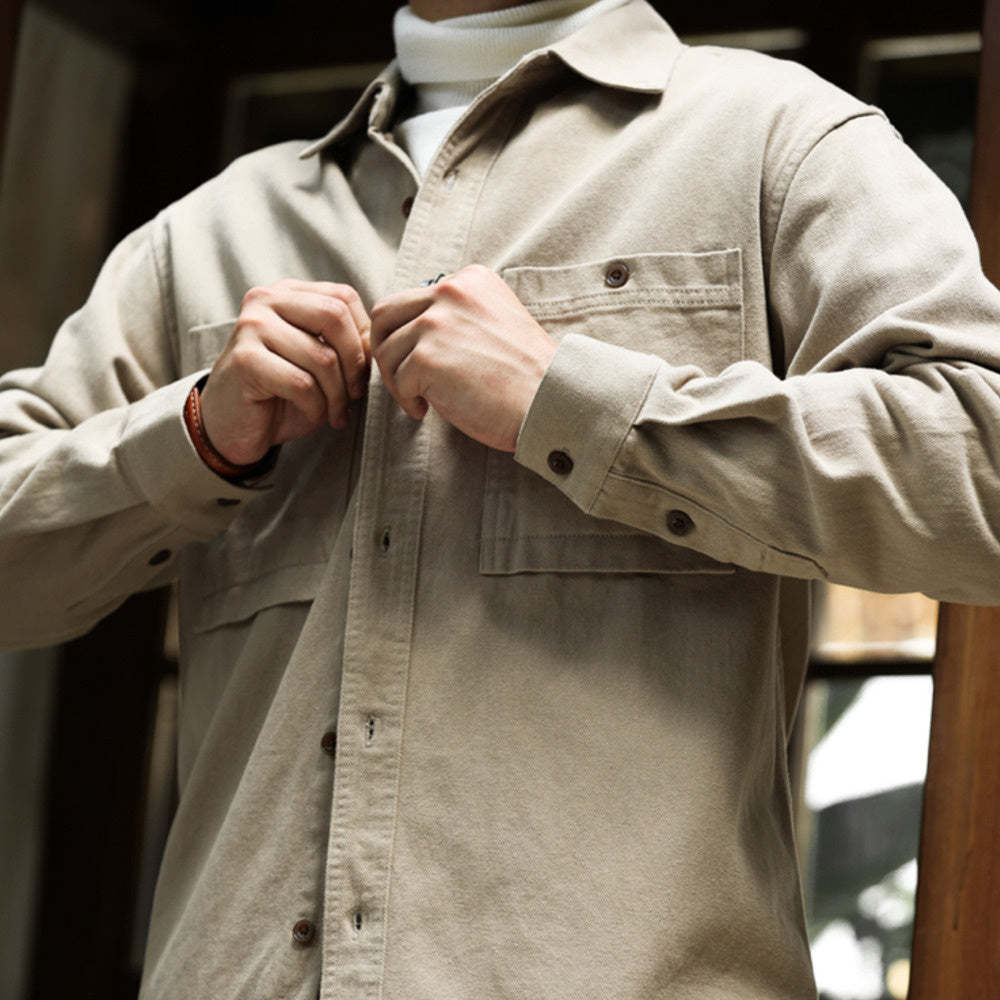 美德拉復古色系長袖襯衫男水洗純棉疊穿外搭日系襯衣外套秋-Retro's Wear