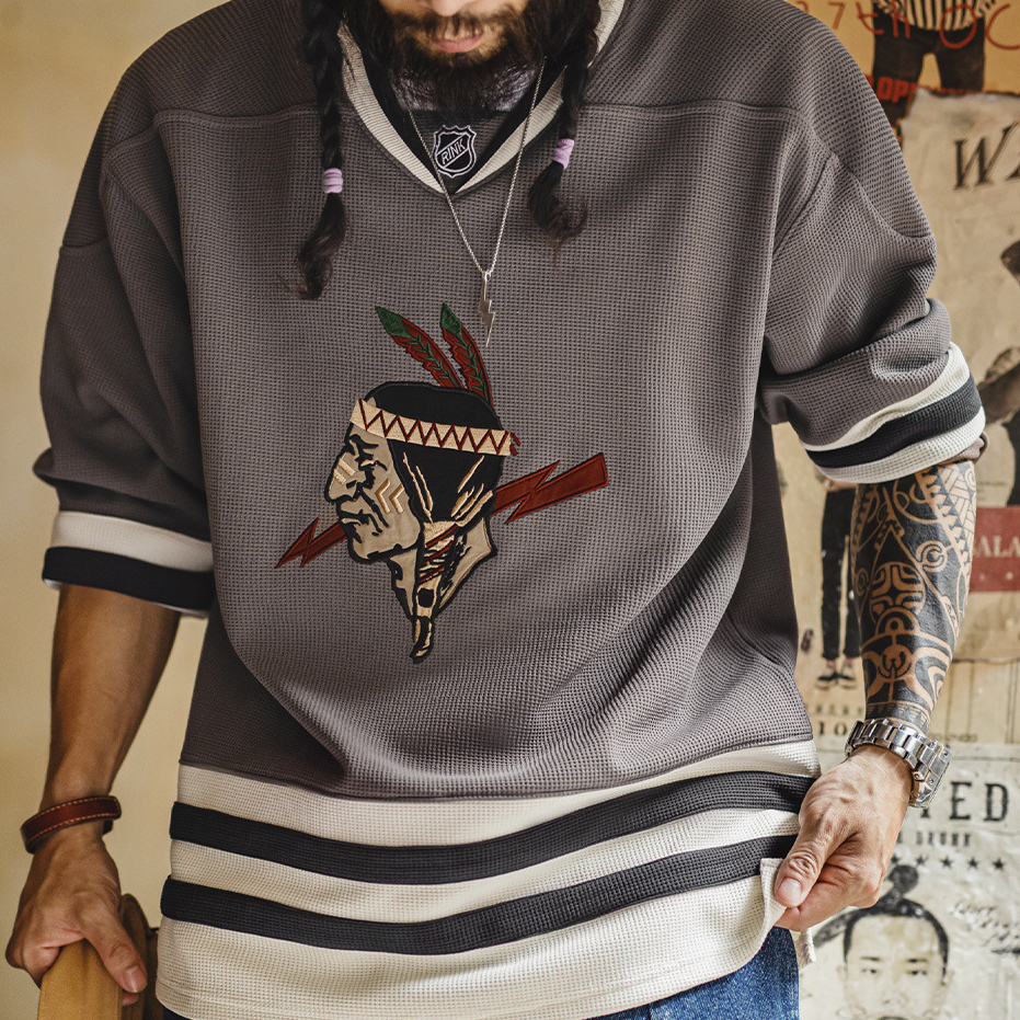 美式復古印第安v領華夫格長袖刺繡針織重磅衛衣外套男秋