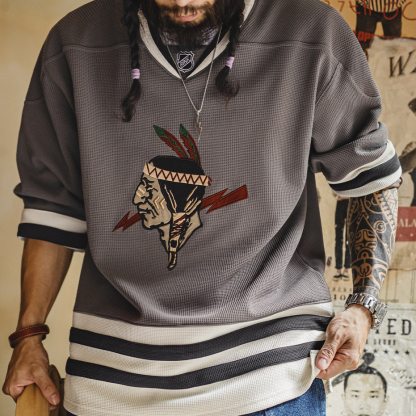 美式復古印第安v領華夫格長袖刺繡針織重磅衛衣外套男秋