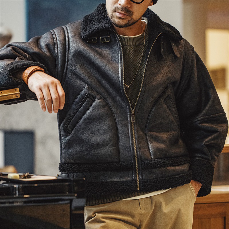 美式復古B3轟炸機皮衣夾克皮毛一體加絨機車麂皮外套男-Retro's Wear