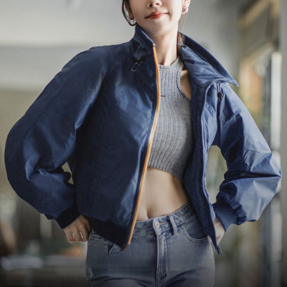 羅紋立領夾克美式棒球服夾棉收腰外套百搭加厚保暖棉衣秋冬女-Retro's Wear