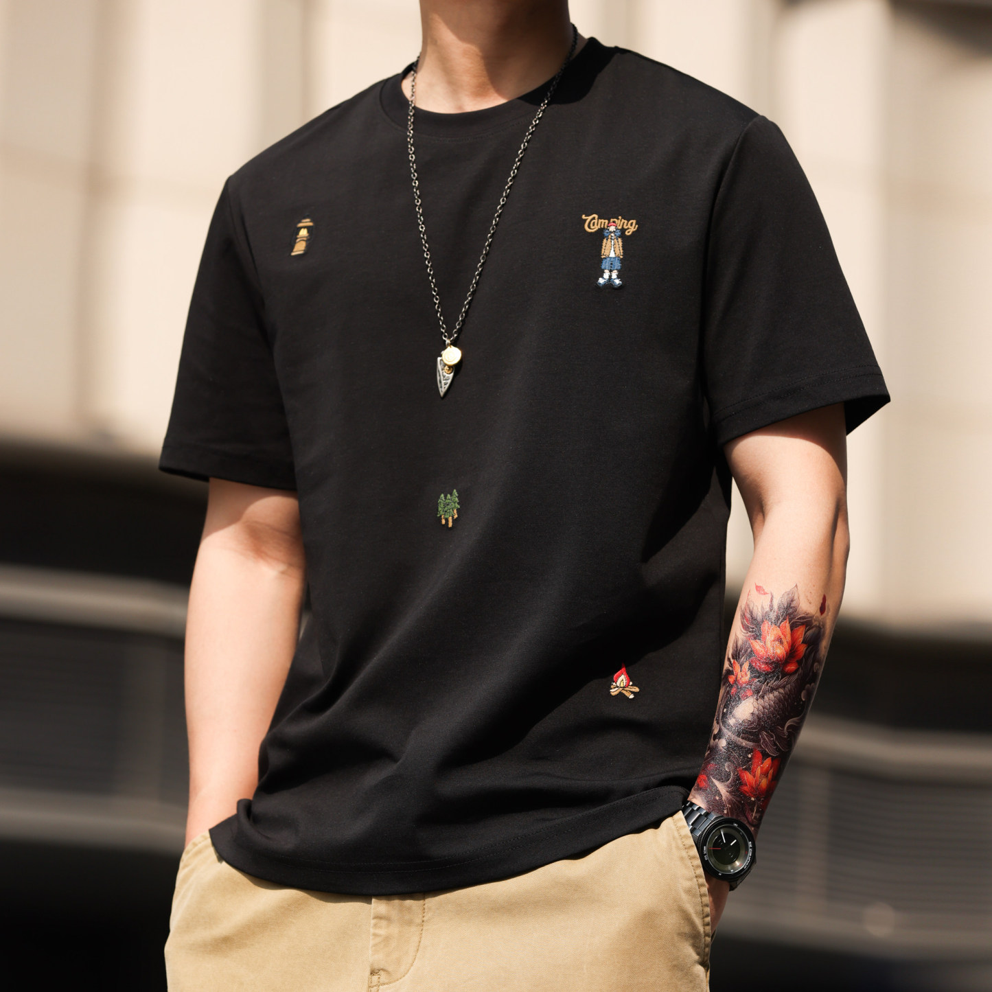 200g親膚凉感趣味刺繡短袖T恤男微落肩圓領質感打底衫夏