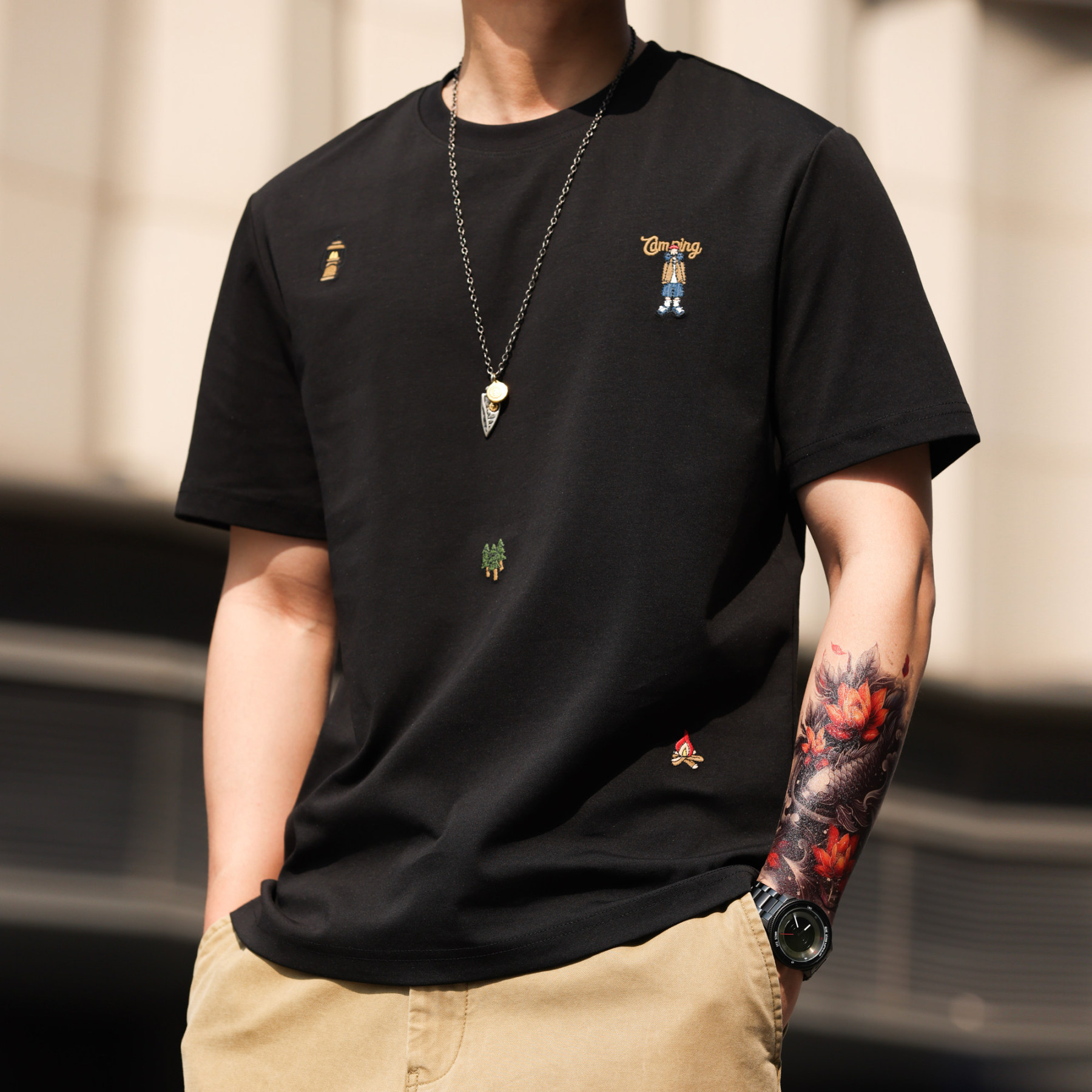 200g親膚凉感趣味刺繡短袖T恤男微落肩圓領質感打底衫夏