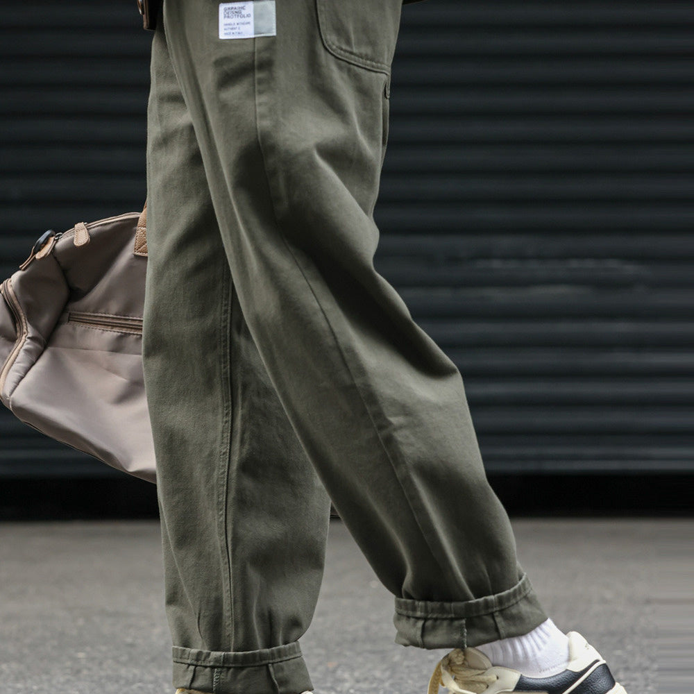 日系復古運動垂感休閒褲子男寬鬆做舊打褶vibe直筒褲子