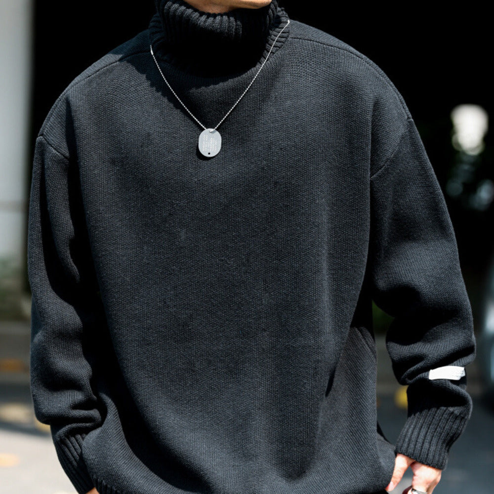 秋冬美式可翻高領針織毛衣男復古寬鬆粗針線內搭打底上衣-Retro's Wear