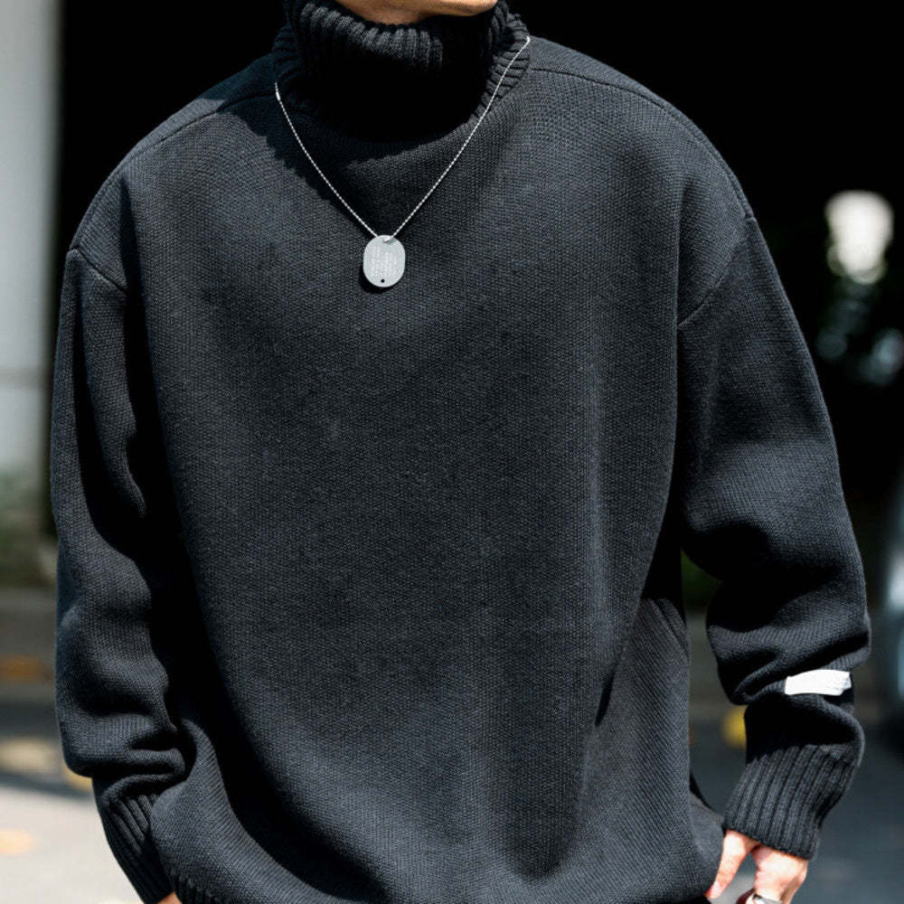 秋冬美式可翻高領針織毛衣男復古寬鬆粗針線內搭打底上衣-Retro's Wear