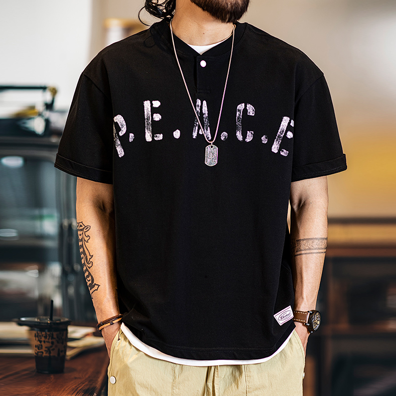 美式休閒印花短袖t恤男2025夏季新款亨利領polo衫微寬鬆純棉半袖