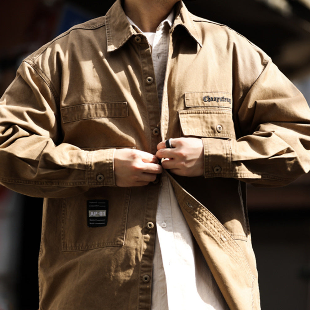 美式復古硬漢帆布工裝襯衫夾克純棉磨毛外穿重磅獵裝外套秋-Retro's Wear