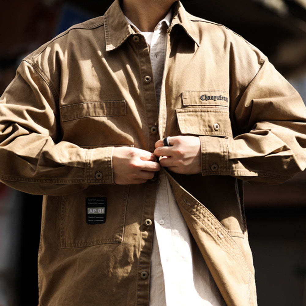 美式復古硬漢帆布工裝襯衫夾克純棉磨毛外穿重磅獵裝外套秋-Retro's Wear