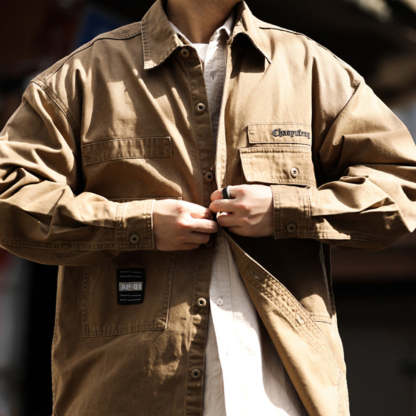 美式復古硬漢帆布工裝襯衫夾克純棉磨毛外穿重磅獵裝外套秋-Retro's Wear