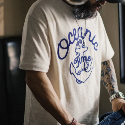 美式復古海軍刺繡T恤白色重磅竹節棉螺紋領口短袖男夏季