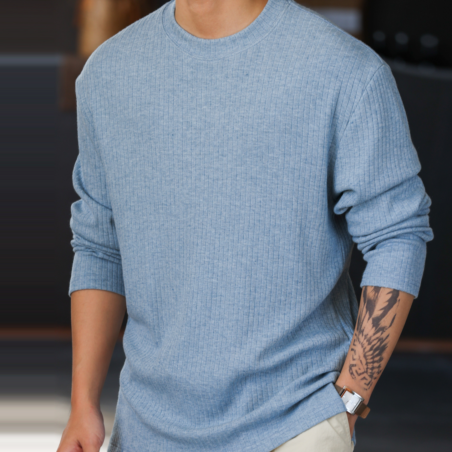 美式坑條肌理感針織T恤男380g重磅彈力暖絨長袖打底TEE