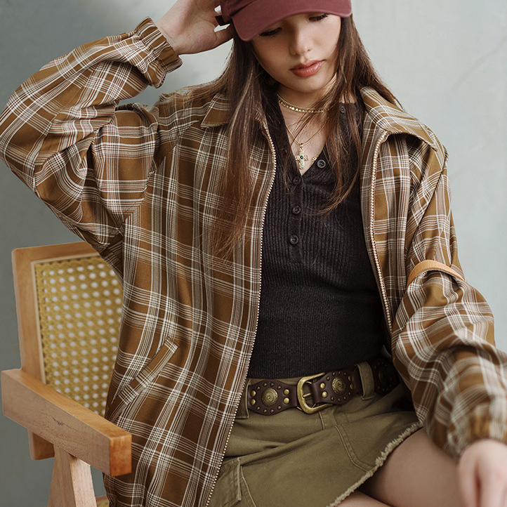 美式復古格紋夾克設計感撞色翻領外套休閒寬鬆百搭上衣春秋女-Retro's Wear