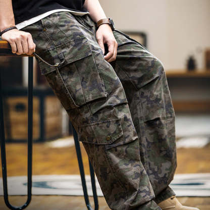 美式復古純棉網格迷彩工裝褲子男多口袋2025春夏新款直筒休閒長褲